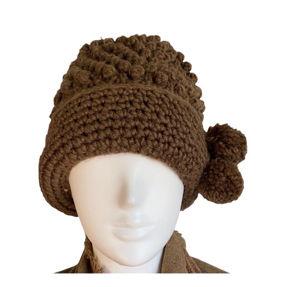 Vintage K-Mart Japan Hand-Knit Textured Brown Wool Hat With Pom-Poms - Picture 1 of 5